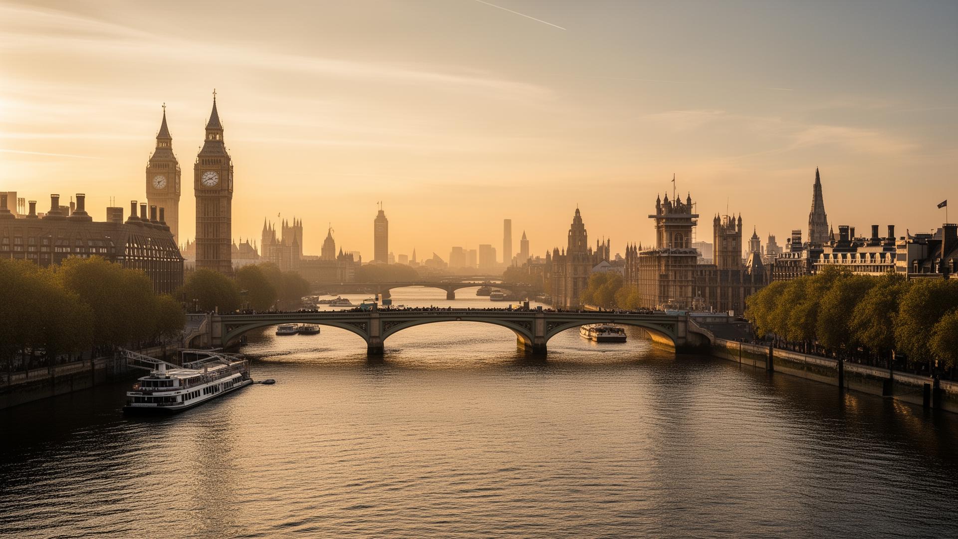 London skyline at golden hour with the River Thames and Big Ben